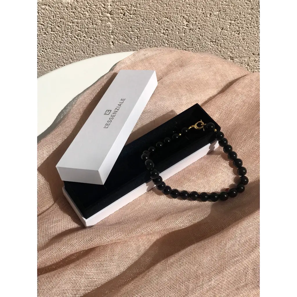 Black onyx and gold plated beaded necklace black gemstone