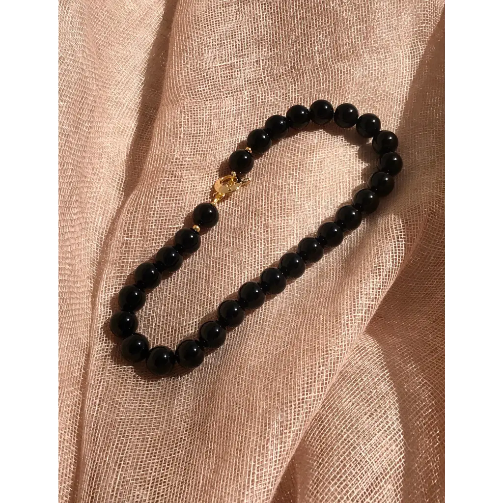 Black onyx and gold plated beaded necklace black gemstone
