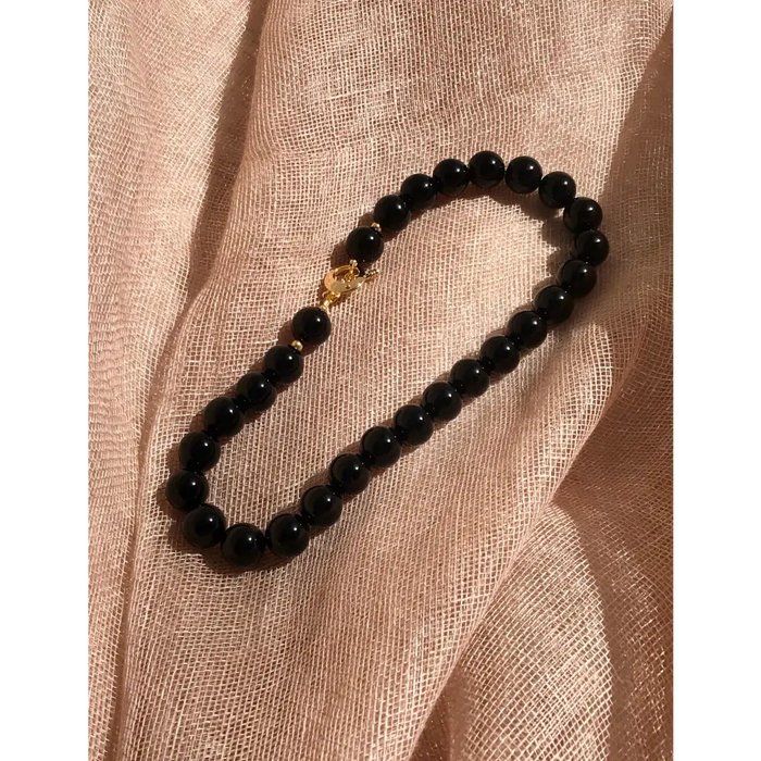 Black onyx and gold plated beaded necklace black gemstone