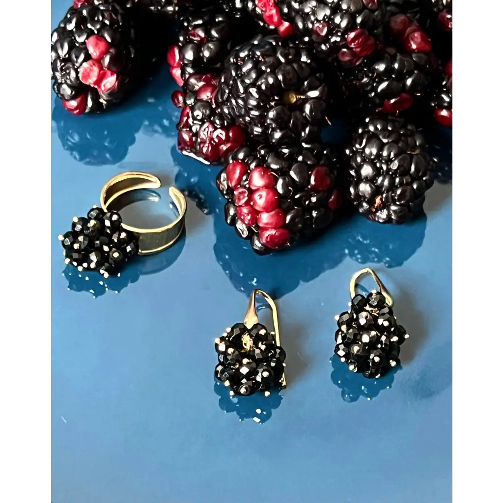 Blackberry earrings and ring black spinel and gold plated