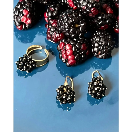 Blackberry earrings and ring black spinel and gold plated