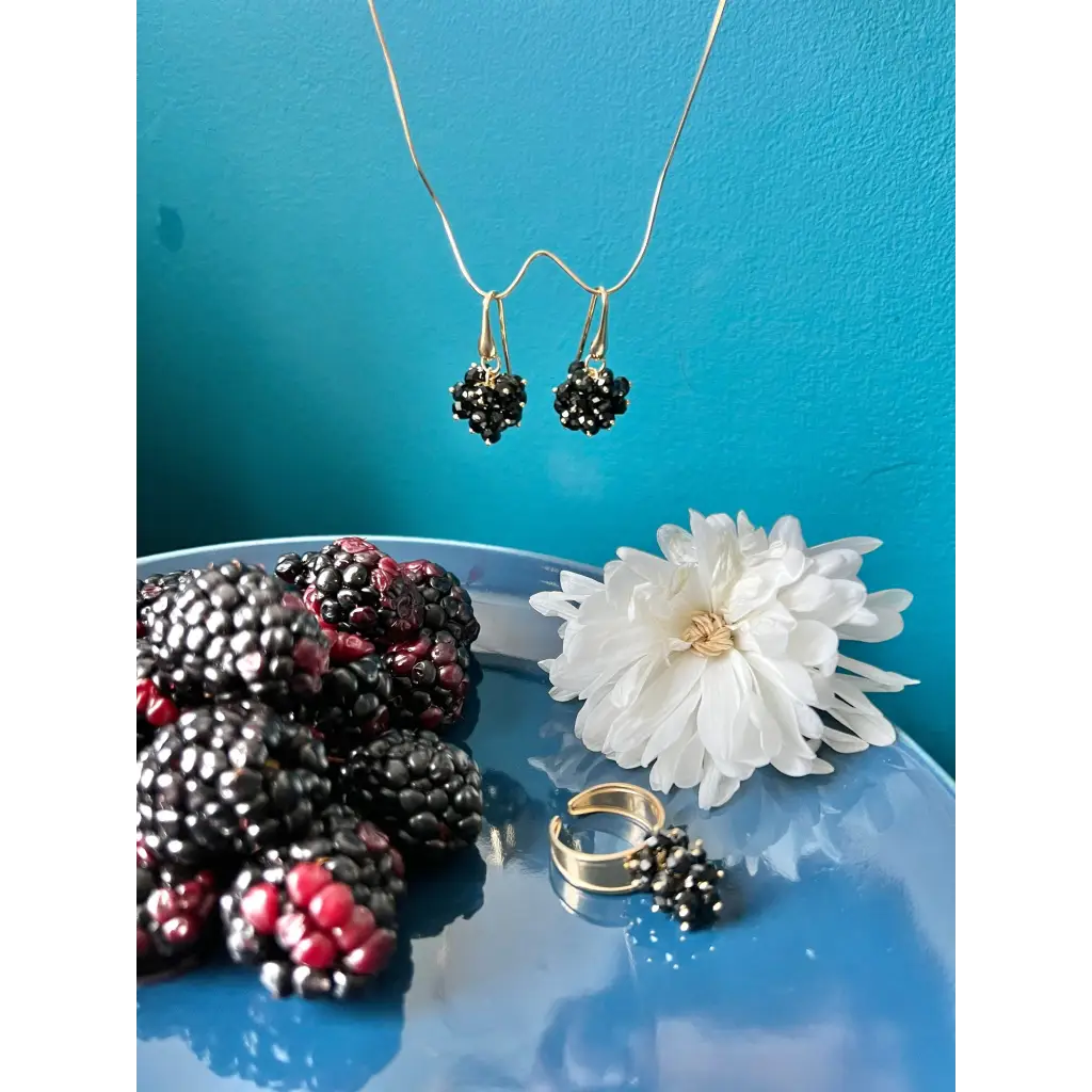 Blackberry earrings and ring black spinel and gold plated