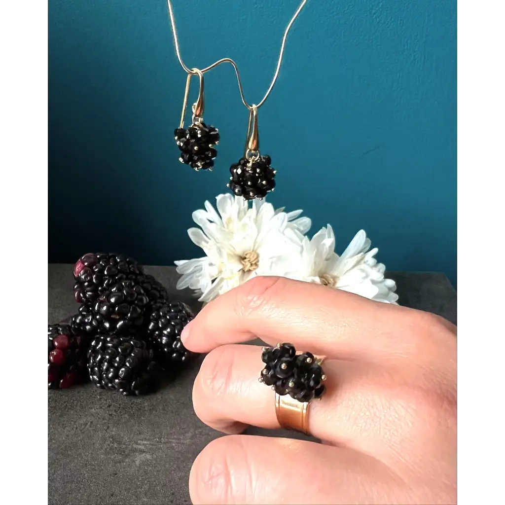 Blackberry earrings and ring black spinel and gold plated