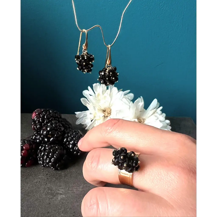 Blackberry earrings and ring black spinel and gold plated