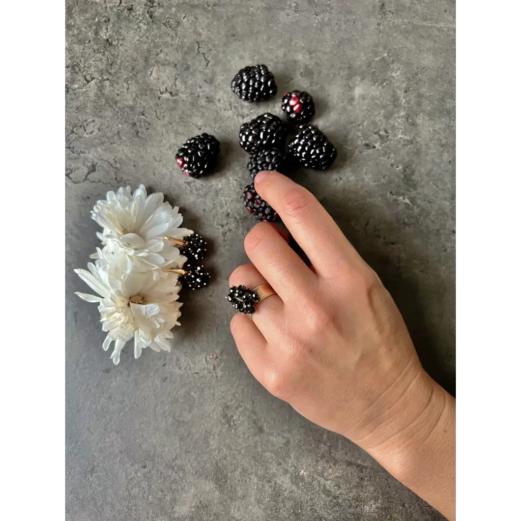 Blackberry earrings and ring black spinel and gold plated