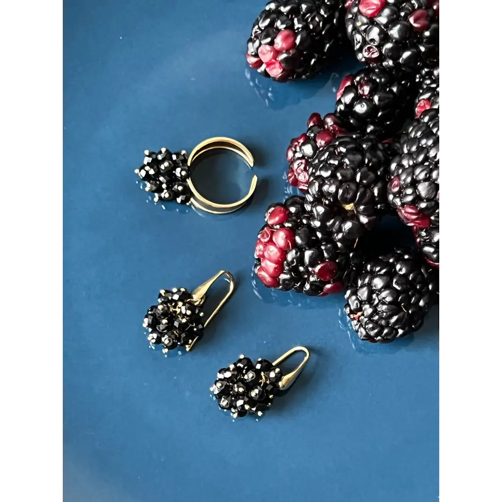 Blackberry earrings and ring black spinel and gold plated