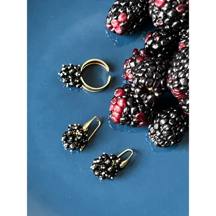 Blackberry earrings and ring black spinel and gold plated