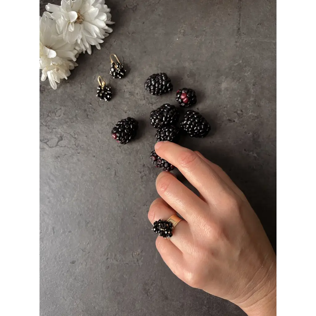Blackberry earrings and ring black spinel and gold plated