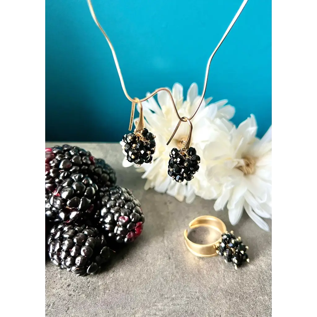 Blackberry earrings and ring black spinel and gold plated