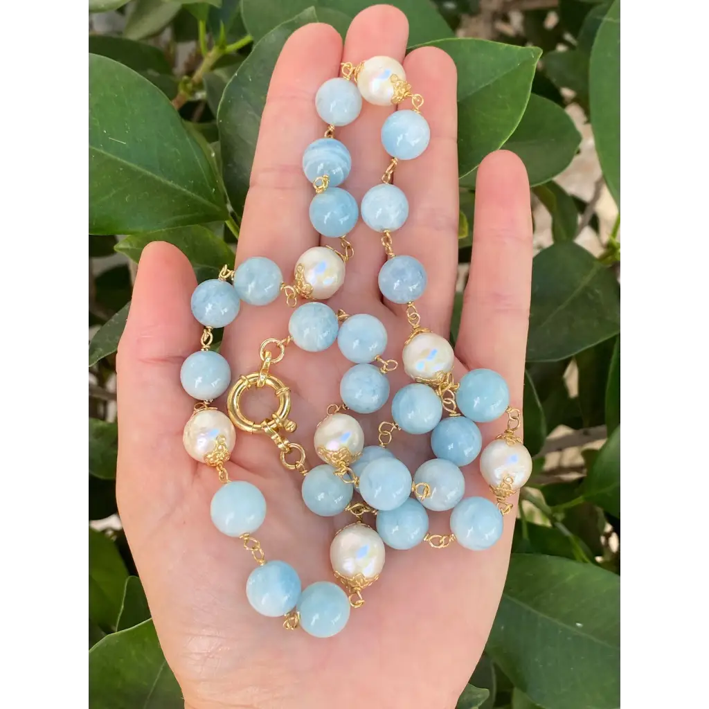 Brazilian aquamarines and fresh water pearls wired necklace