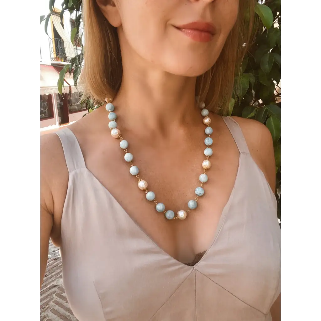 Brazilian aquamarines and fresh water pearls wired necklace