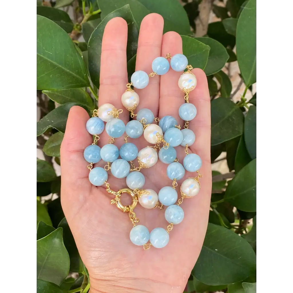 Brazilian aquamarines and fresh water pearls wired necklace