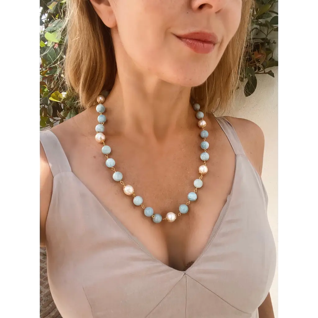 Brazilian aquamarines and fresh water pearls wired necklace