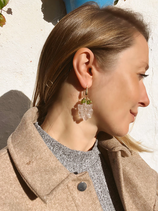 Carved rose quartz flower earrings