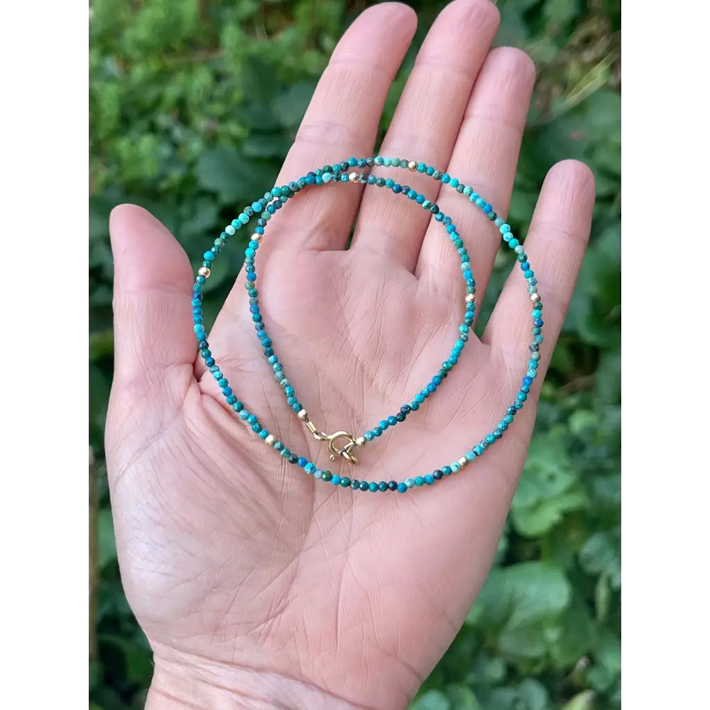 Chrysocolla and solid 18k gold minimalist beaded necklace