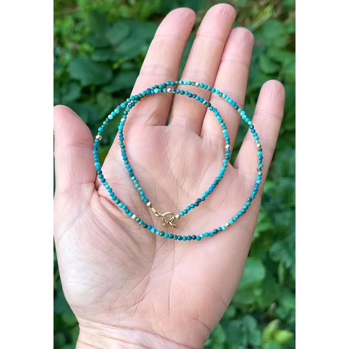 Chrysocolla and solid 18k gold minimalist beaded necklace