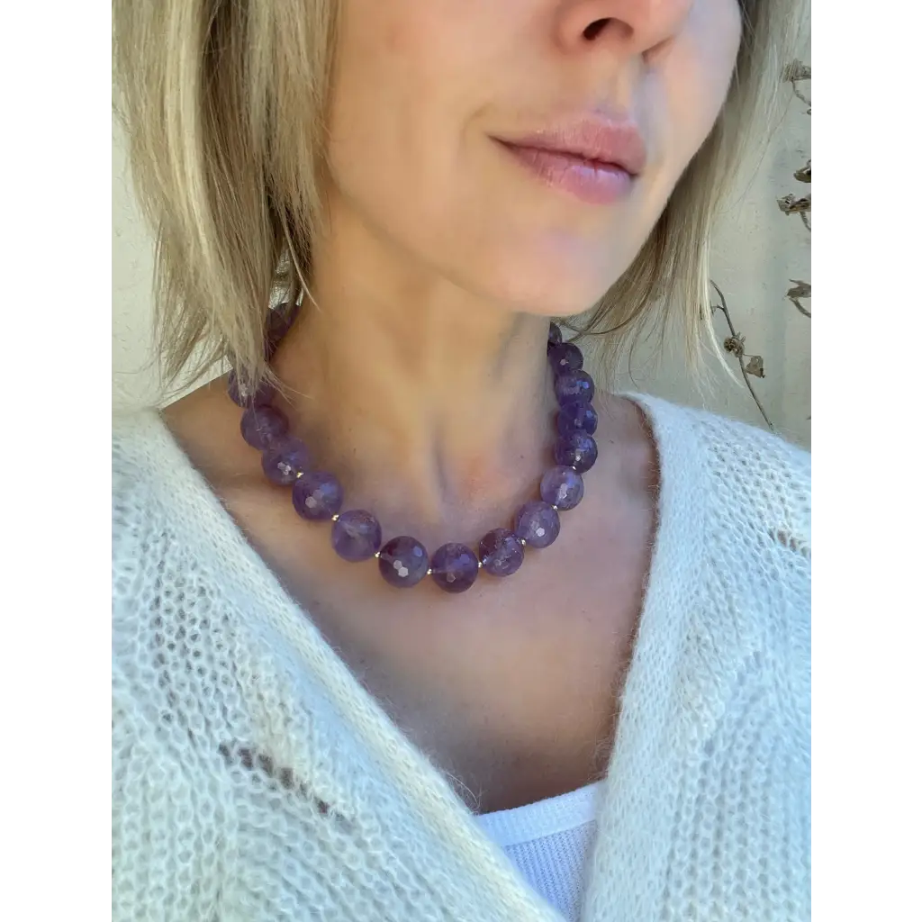 Chunky amethyst beaded necklace oversized beads gold plated