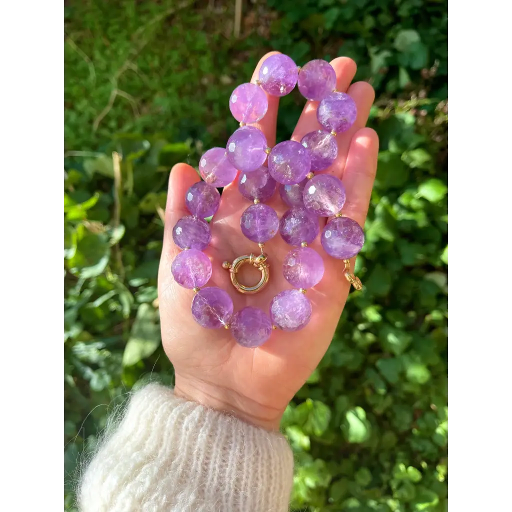 Chunky amethyst beaded necklace oversized beads gold plated