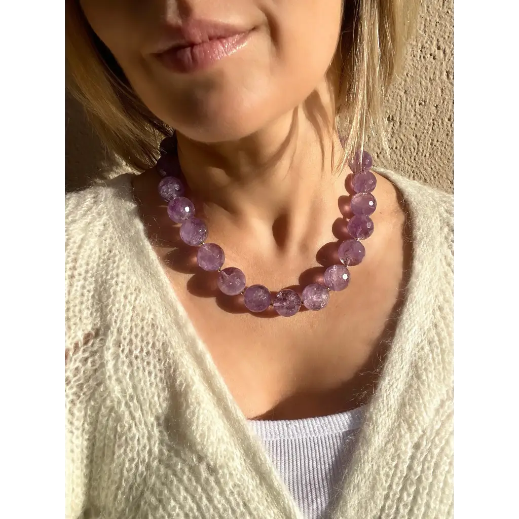 Chunky amethyst beaded necklace oversized beads gold plated