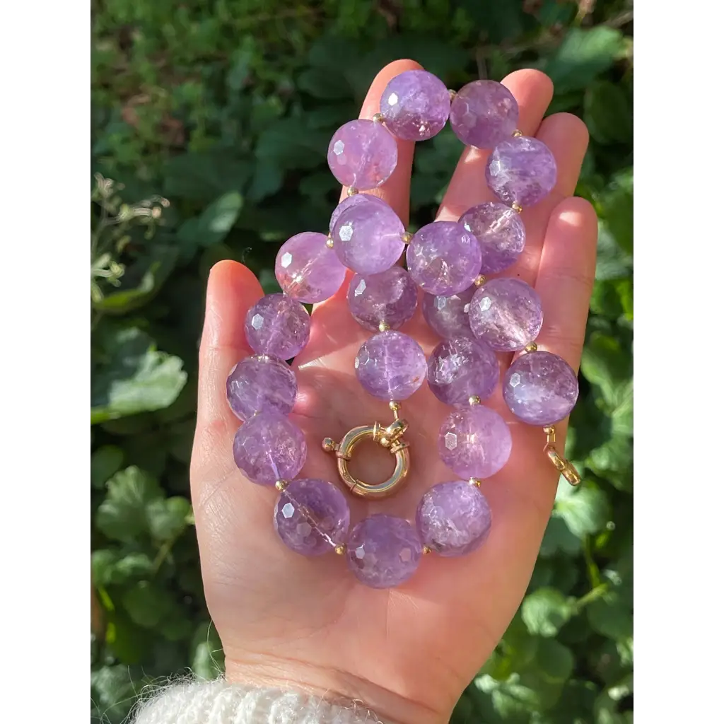 Chunky amethyst beaded necklace oversized beads gold plated