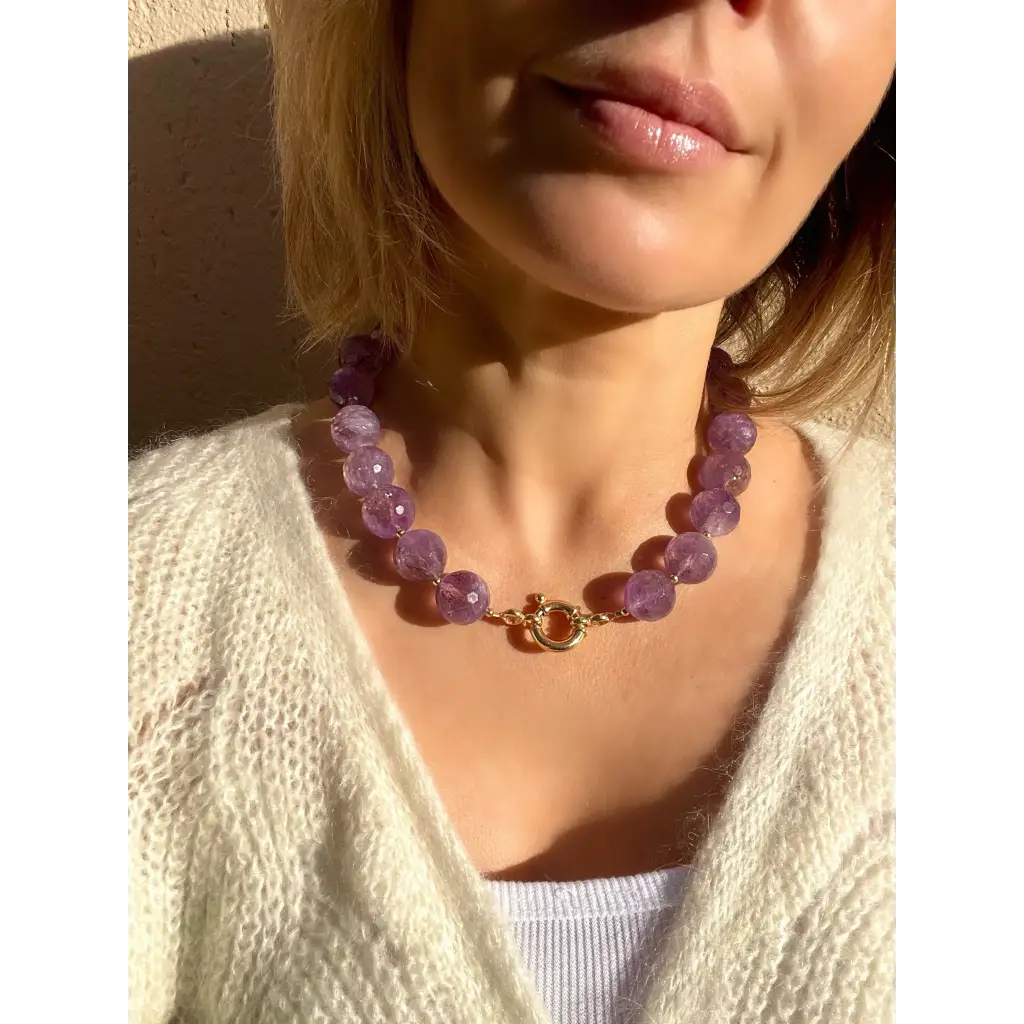 Chunky amethyst beaded necklace oversized beads gold plated