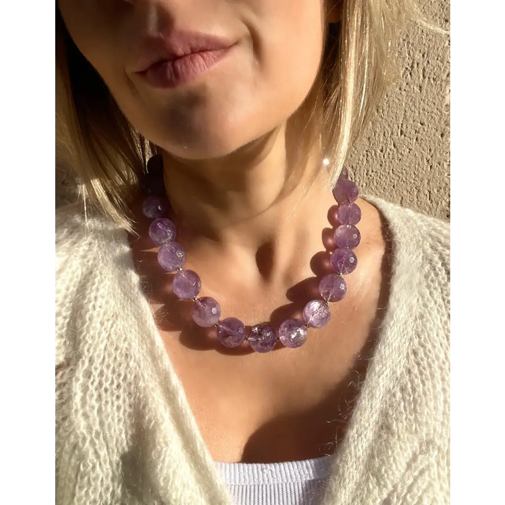 Chunky amethyst beaded necklace oversized beads gold plated