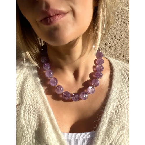 Chunky amethyst beaded necklace oversized beads gold plated