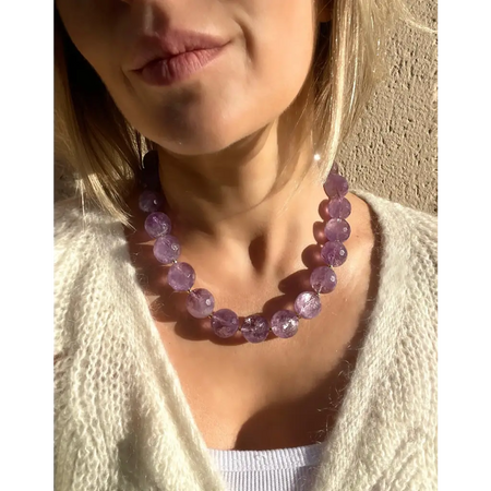 Chunky amethyst beaded necklace oversized beads gold plated