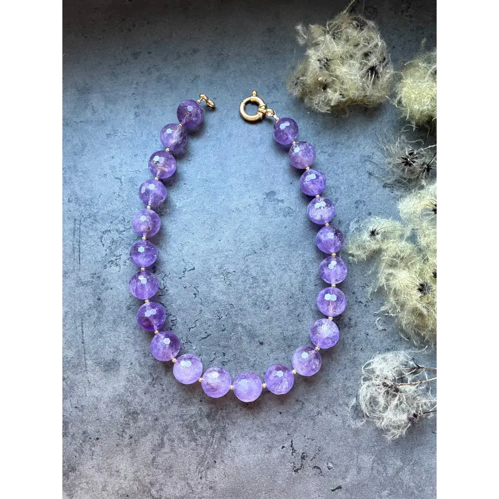 Chunky amethyst beaded necklace oversized beads gold plated
