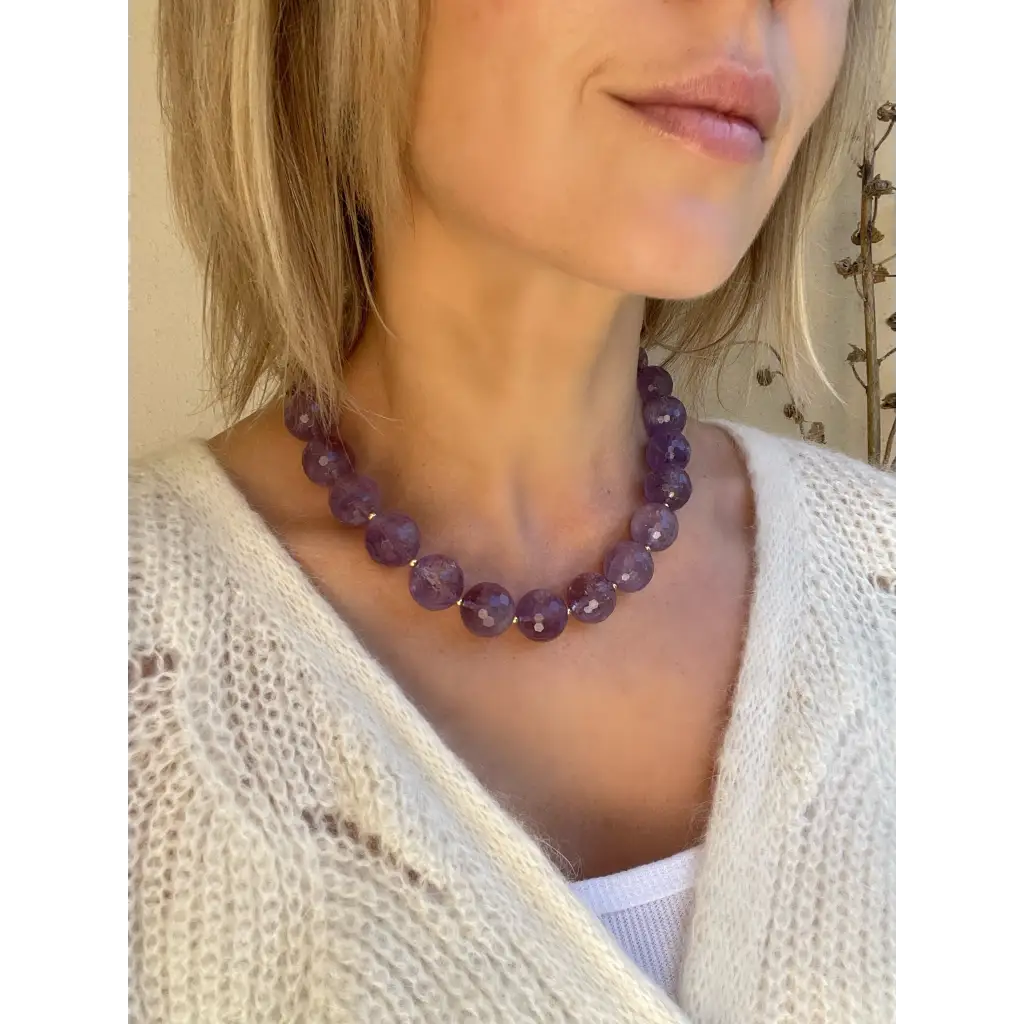 Chunky amethyst beaded necklace oversized beads gold plated