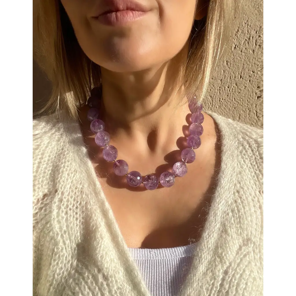 Chunky amethyst beaded necklace oversized beads gold plated