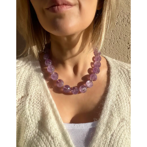 Chunky amethyst beaded necklace oversized beads gold plated