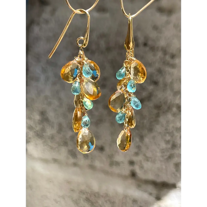 Citrine and apatite cluster earrings gemstone statement