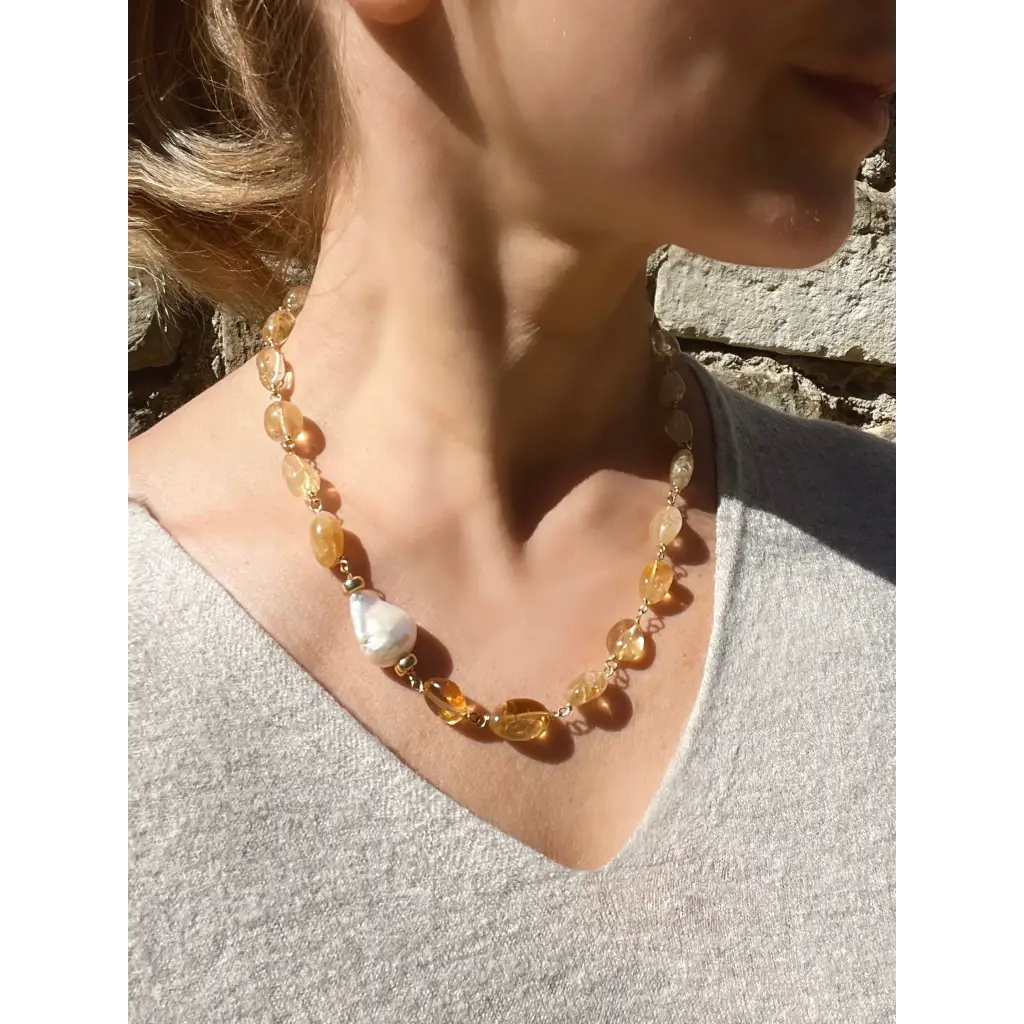 Citrine and baroque pearl statement necklace citrine jewelry