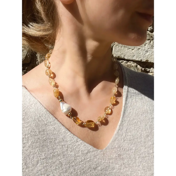Citrine and baroque pearl statement necklace citrine jewelry