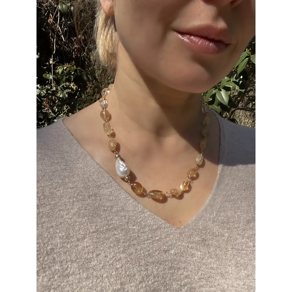 Citrine and baroque pearl statement necklace citrine jewelry