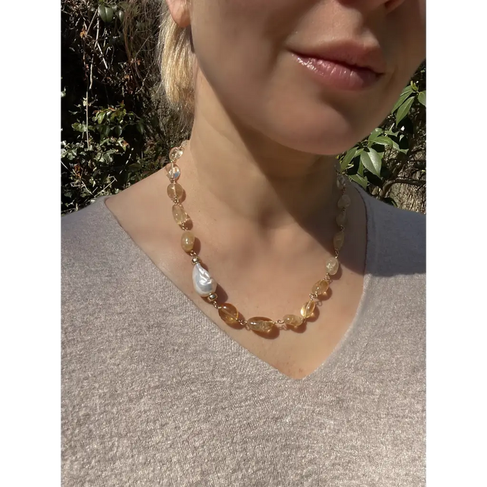 Citrine and baroque pearl statement necklace citrine jewelry