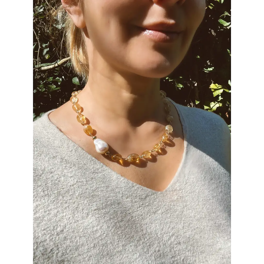 Citrine and baroque pearl statement necklace citrine jewelry