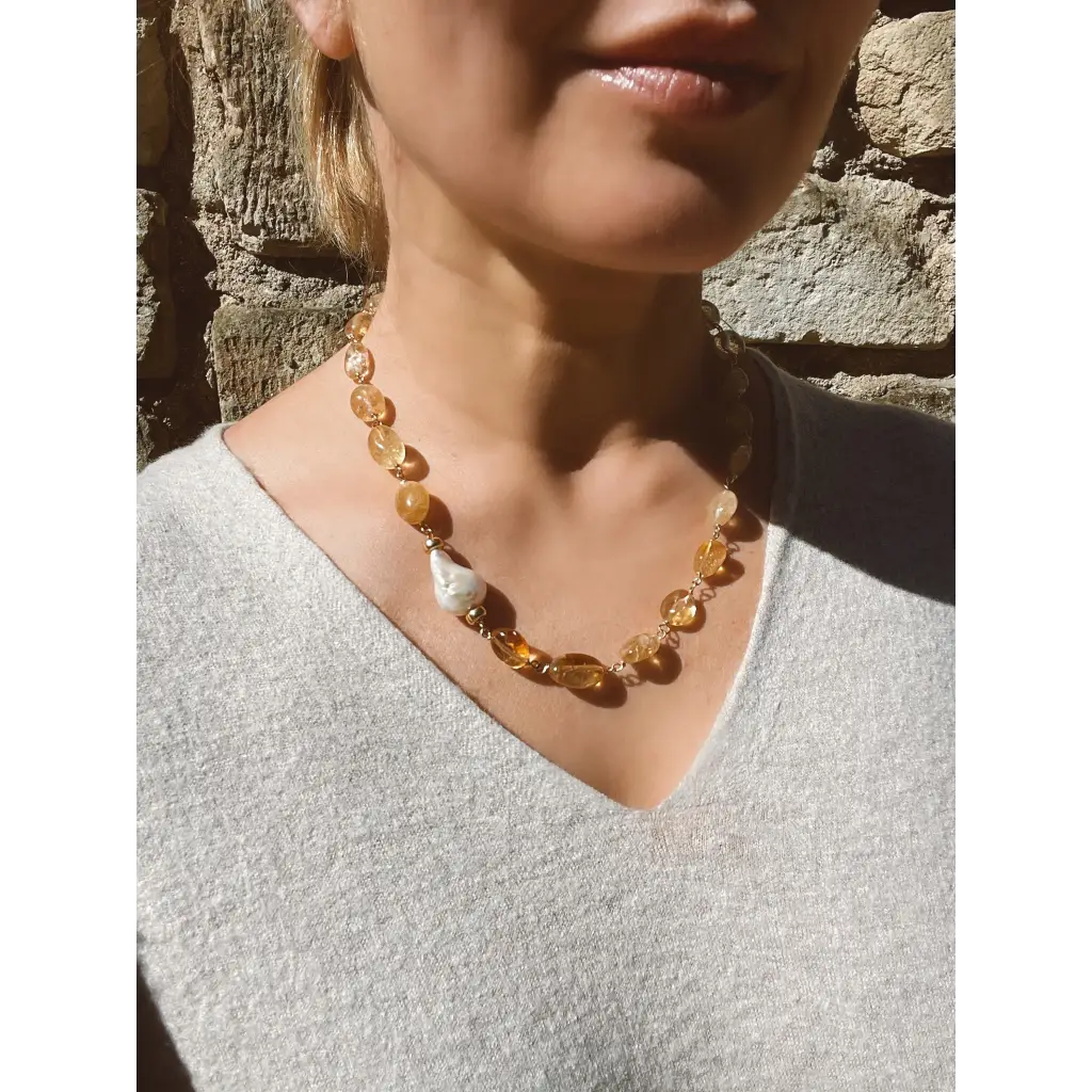 Citrine and baroque pearl statement necklace citrine jewelry