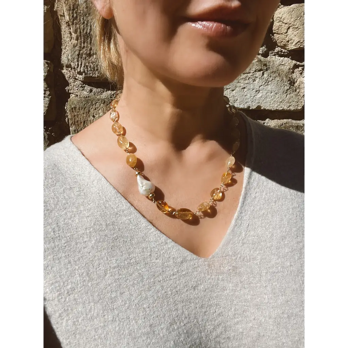 Baroque citrine and fresh water pearl necklace, magnetic clasp