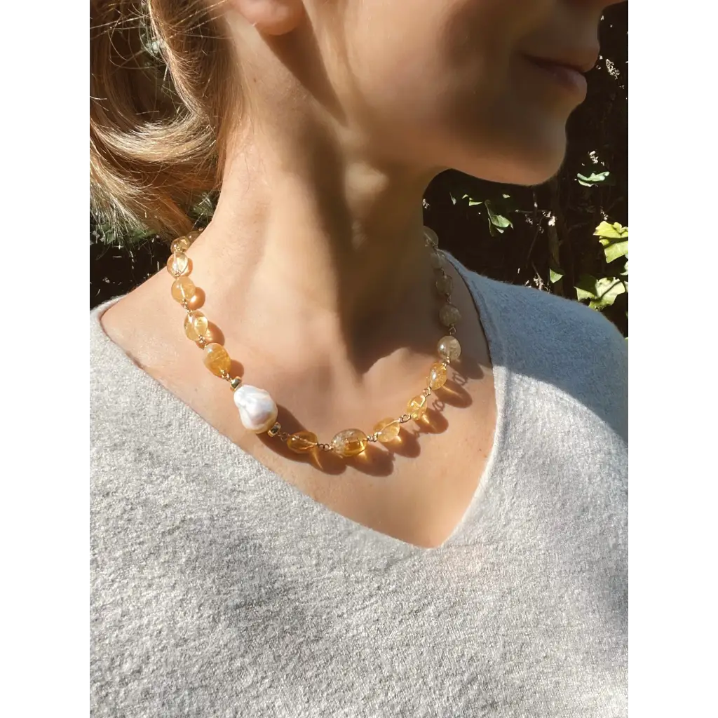 Citrine and baroque pearl statement necklace citrine jewelry