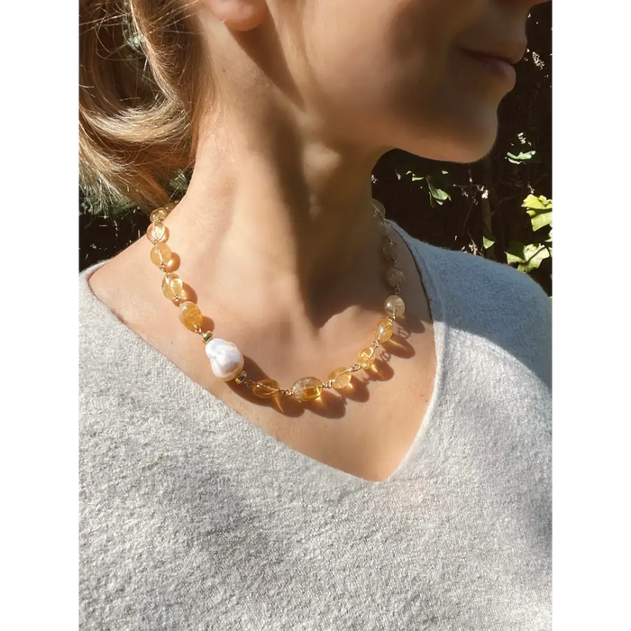 Citrine and baroque pearl statement necklace citrine jewelry