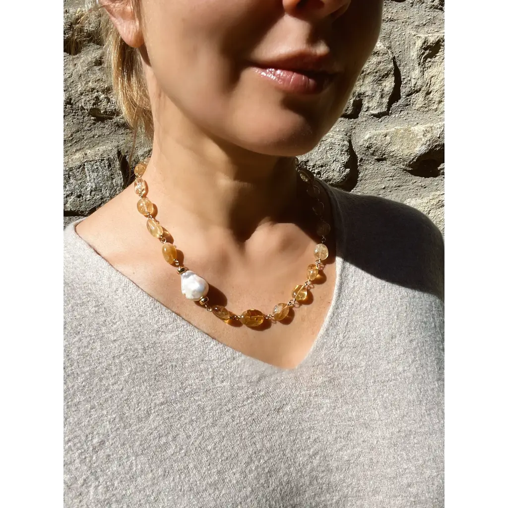 Citrine and baroque pearl statement necklace citrine jewelry