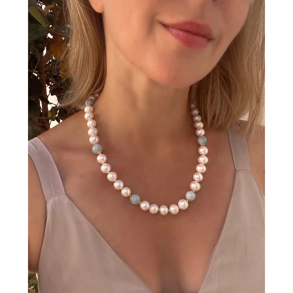 Classic white pearls and Brazilian Aquamarine necklace gift