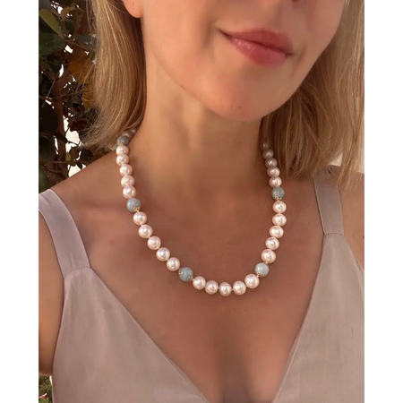 Classic white pearls and Brazilian Aquamarine necklace gift