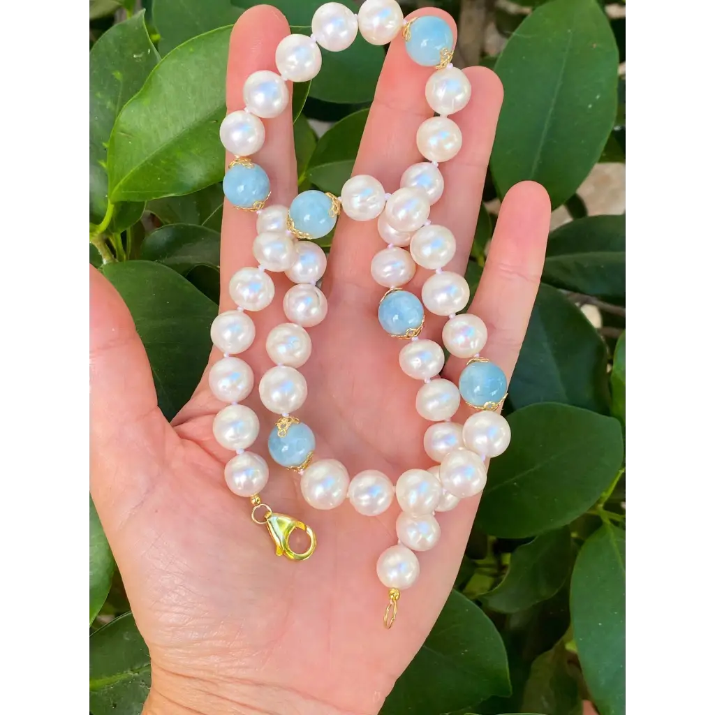 Classic white pearls and Brazilian Aquamarine necklace gift