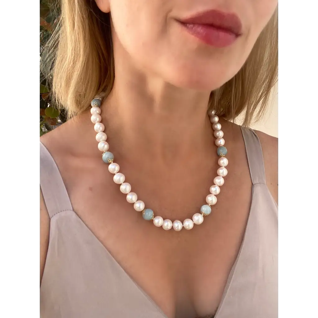 Classic white pearls and Brazilian Aquamarine necklace gift