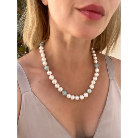 Classic white pearls and Brazilian Aquamarine necklace gift