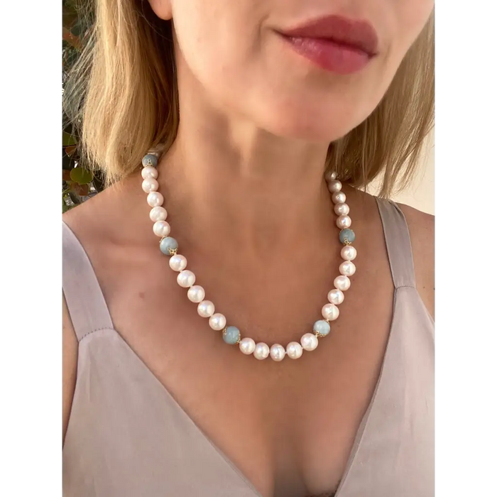 Classic white pearls and Brazilian Aquamarine necklace gift