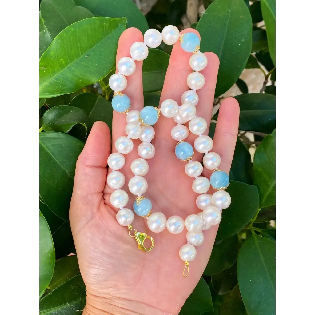 Classic white pearls and Brazilian Aquamarine necklace gift